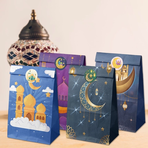 Eid Ramadan Kareem Paper Gift Bags With Stickers Islamic Mosque Moon Star Pattern For Holiday Party Favors Celebration Supplies