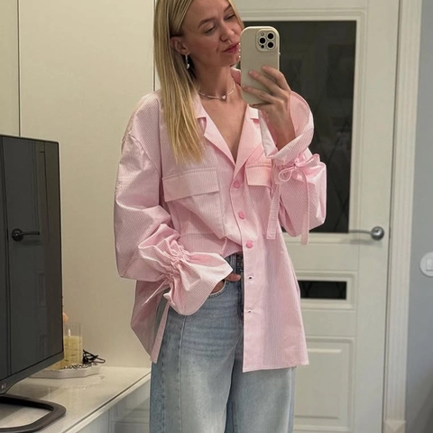 Damen Französischer Stil Gestreift Langarm Hemd Glockenärmel Bogen Kordelzug Büro Pendeln Lose Bluse Rosa Weiß Oberteil