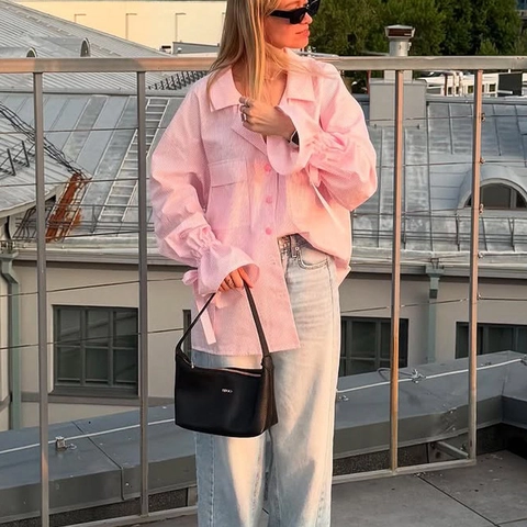 Damen Französischer Stil Gestreift Langarm Hemd Glockenärmel Bogen Kordelzug Büro Pendeln Lose Bluse Rosa Weiß Oberteil