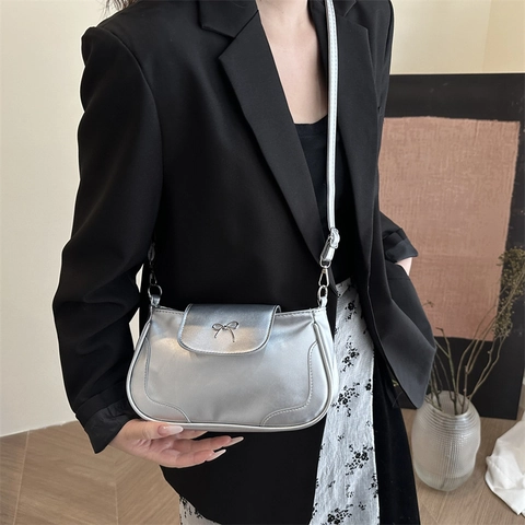 Women PU Leather Shoulder Bag With Bow Decoration Solid Color Elegant Flap Crossbody Bag For Commuting Underarm Bag
