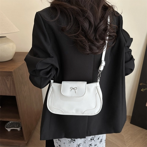 Bolso de Hombro de Cuero PU Retro con Lazo Moda Mujer Color Sólido Elegante Bolso de Axila para Mujer Ocio Diario