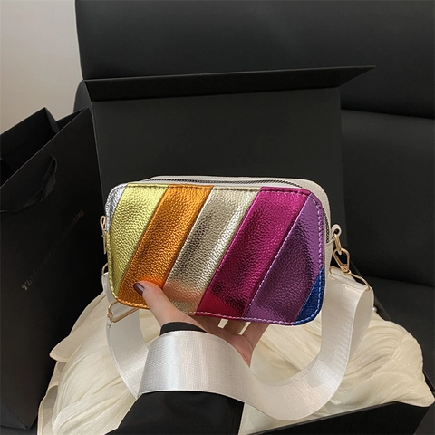 Women Metallic Pebbled Synthetic Leather Rainbow Striped Shoulder Camera Bag Casual Fashion Multi-color Crossbody Bag