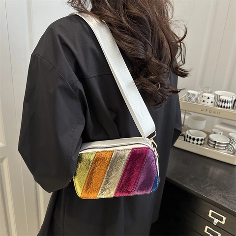 Borsa A Tracolla Da Donna In Pelle PU Metallizzata A Righe Arcobaleno Con Tracolla Larga Regolabile Camera Bag