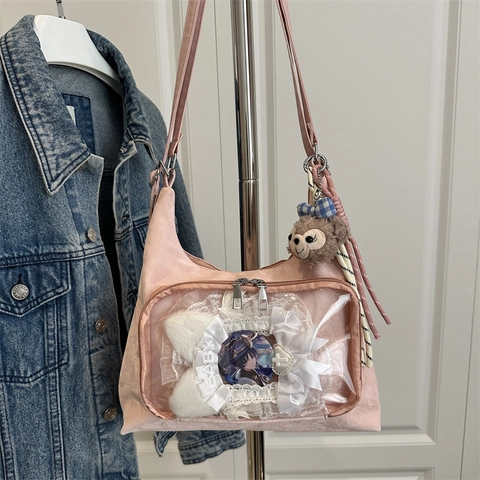 Women Kawaii Transparent PVC Ita Bag Large Capacity PU Leather Shoulder Bag For Anime Fans DIY Display Tote Handbag