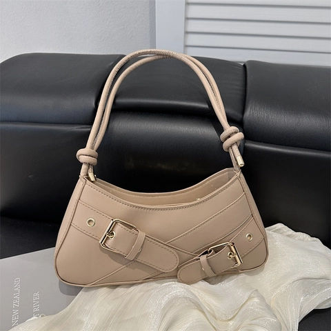 Vintage Women PU Leather Underarm Bag Y2K Belt Buckle Crescent Shoulder Purse For Daily Commute Fashion Accessories