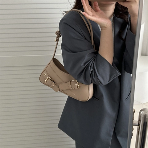 Vintage Women PU Leather Underarm Bag Y2K Belt Buckle Crescent Shoulder Purse For Daily Commute Fashion Accessories