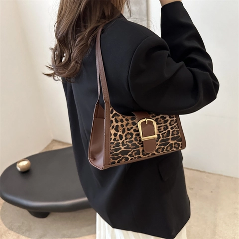 Damen Leopardenmuster Unterarmtasche Vintage Kunstleder Segeltuch Schultertasche Mit Goldener Metallschnalle Baguette Tasche