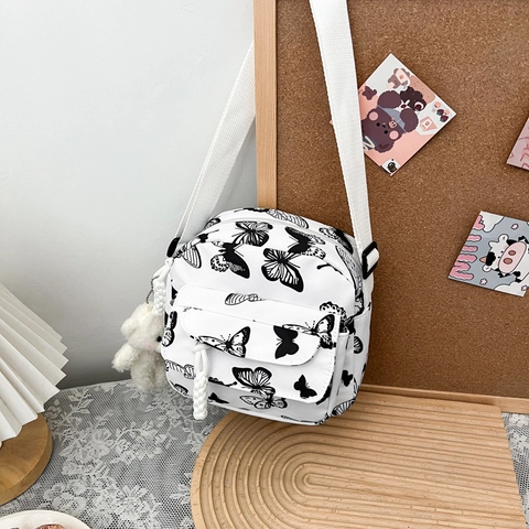 Borsa a Tracolla da Donna alla Moda con Stampa Farfalla a Forma di Conchiglia Casual in Tela con Ciondolo Orsetto di Peluche