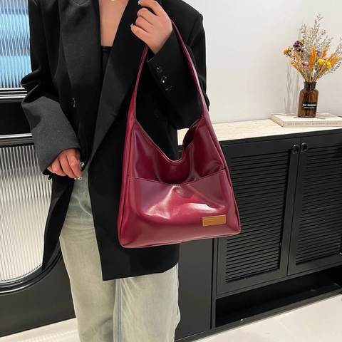 Bolso de Hombro Hobo de Cuero PU Vintage para Mujer Gran Capacidad Bolso Tote Minimalista Color Sólido para Conmutar Diario Escuela