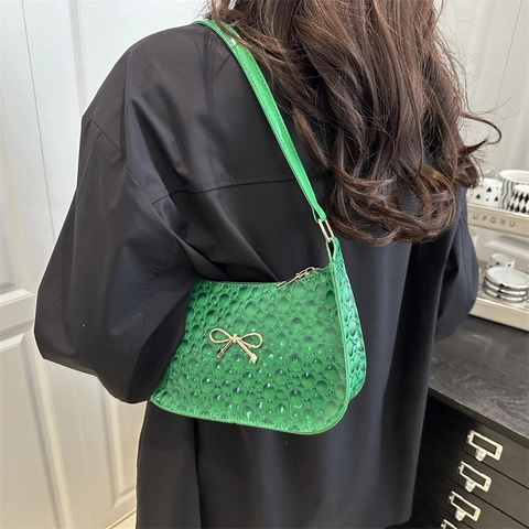 Sac Sous le Bras en Cuir PU Niche Française Pour Femmes Avec Nœud Doré Et Motif de Cercles Gaufrés Petit Sac Carré Tendance
