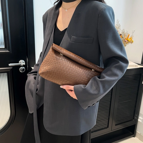Bolso de Mano de Cuero PU Trenzado para Mujer Color Sólido Simple Bolso de Negocios Oficina Viaje Diario Versátil