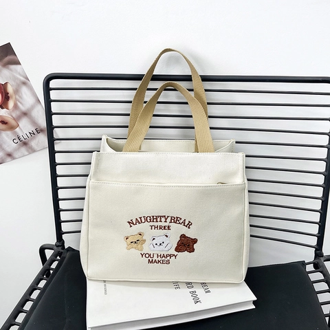 Casual Canvas Handbag For Women Large Capacity Cute Bear Embroidery Or Sport Leather Label Trendy Stylish Versatile Tote Bag