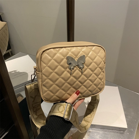 Vintage Quilted Rhombus Shoulder Bag For Women Fashion Butterfly Decor PU Leather Crossbody Bag With Wide Letter Pattern Strap