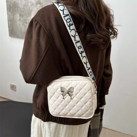 Women Quilted Diamond Lattice Crossbody Shoulder Bag PU Leather With Metal Butterfly Decor Wide Strap Fashion Square Bag