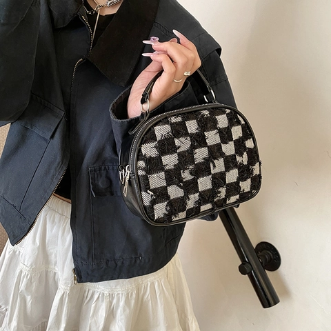 Schoudertas Met Ruitpatroon Denim En PU Leer Gerafelde Randen Handvat Aan De Bovenkant Vintage Street Style Voor Dames