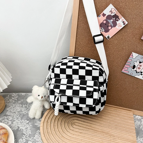 Women's Checkerboard Cow Zebra Butterfly Print Nylon Crossbody Bag Small Casual Square Shoulder Bag With Plush Bear Pendant