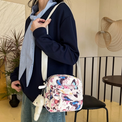 Women's Checkerboard Cow Zebra Butterfly Print Nylon Crossbody Bag Small Casual Square Shoulder Bag With Plush Bear Pendant