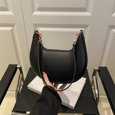 Bolso De Hombro De Media Luna Para Mujer Cuero PU Litchi Bolso De Axila Herrajes Dorados Cremallera Retro Bolso Hobo Pequeño