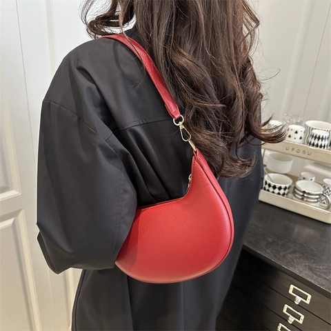 Bolso De Hombro De Media Luna Para Mujer Cuero PU Litchi Bolso De Axila Herrajes Dorados Cremallera Retro Bolso Hobo Pequeño
