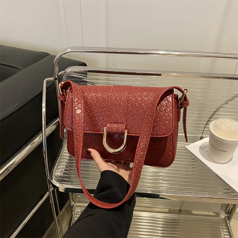 Borsa a Spalla da Donna Vintage in Pelle PU Con Fibbia a Ferro di Cavallo in Metallo Trama Intrecciata Borsa Sottobraccio Moda Baguette
