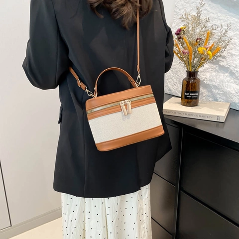Bolso Cubo Retro Mujer Color Block Lona Cuero PU Mano Hombro Bandolera Neceser De Viaje Con Doble Cremallera