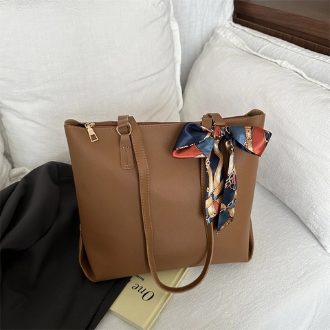 Borsa Tote Grande in Pelle PU da Donna Vintage Con Decorazione a Sciarpa Chiusura Lampo Borsa a Tracolla da Pendolare