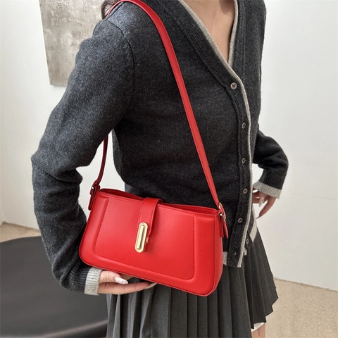 Borsa Sottobraccio in Pelle PU Donna Minimalista Tinta Unita Tracolla Con Fibbia in Metallo Versatile Borsa a Mano Casual