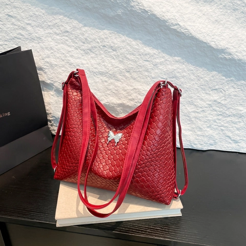 Woven PU Leder Schulter Hobo Tasche Modisch Große Kapazität Mit Silberner Schmetterlingsschnalle Lässig Für Damen