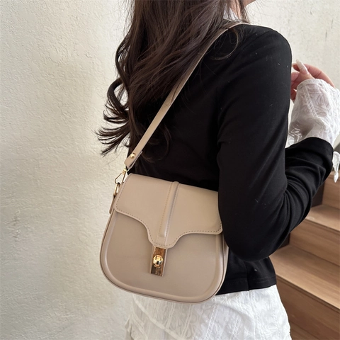 Bolso de Silla de Montar de Cuero PU de Moda para Mujer Elegante Bolso Bandolera Con Cierre Metálico Bolso de Hombro Color Sólido