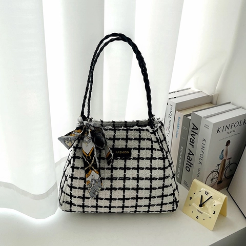 Bolso Tote de Gran Capacidad de Tweed a Cuadros para Mujer Moda Bolso de Hombro Con Asa Tejida y Pañuelo Decorativo