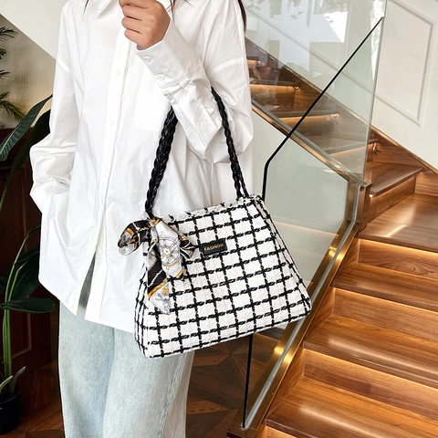 Bolso Tote de Gran Capacidad de Tweed a Cuadros para Mujer Moda Bolso de Hombro Con Asa Tejida y Pañuelo Decorativo