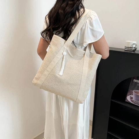 Stroh Gewebte Einkaufstasche Für Damen Sommer Strandurlaub Große Kapazität Schultertasche Mit Quaste Minimalistische Stroh Handtasche