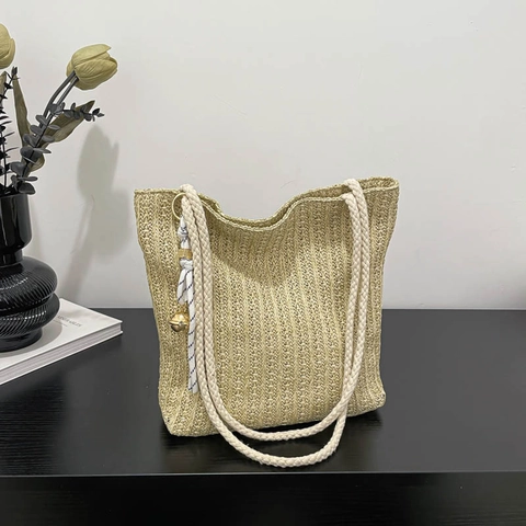 Borsa Tote in Paglia Intrecciata da Donna alla Moda Grande Capacità Casual Spiaggia Vacanza Borsa a Tracolla a Mano Con Ciondolo a Campana a Nastro Crema Khaki