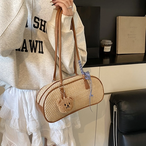 Retro Webstil Damen Umhängetasche PU Besatz Achseltasche Mit Schleife Und Plüschbär Anhänger Lässige Mode Tasche
