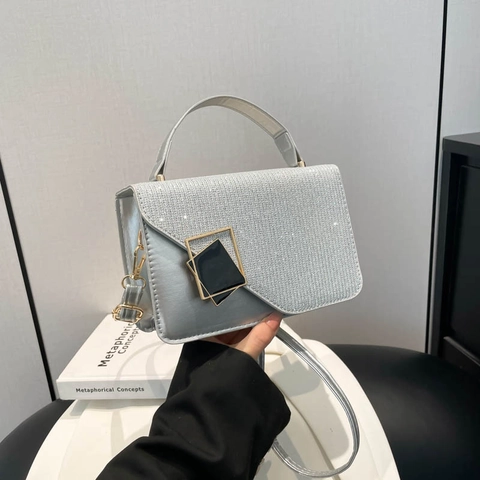 Women Fashion Glitter Sequin Small Square Bag PU Leather Metal Buckle Handbag Handheld Crossbody Shoulder Bag For Party Daily