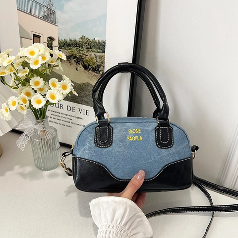 Vintage Contrast Color Denim PU Patchwork Mini Boston Bowling Τσάντα Για Γυναίκες Μόδα Crossbody Τσάντα Ώμου Handbag Street Style