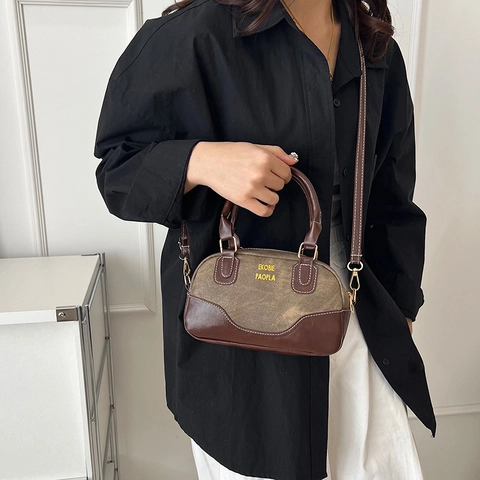 Vintage Contrast Color Denim PU Patchwork Mini Boston Bowling Τσάντα Για Γυναίκες Μόδα Crossbody Τσάντα Ώμου Handbag Street Style