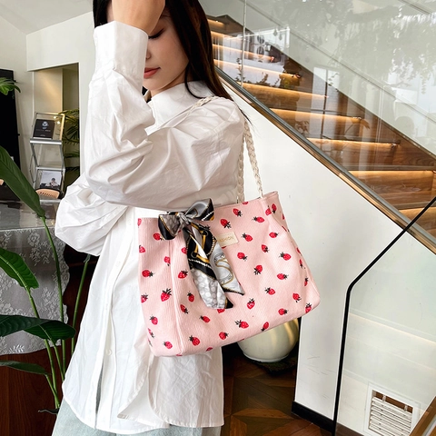 Bolso Tote De Pana Para Mujer Estampado De Fresa Cereza Asa De Cuerda Trenzada Con Pañuelo Bolso De Hombro