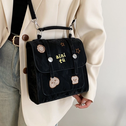 Vintage Stickerei Cartoon PU Leder Mini Quadratischer Rucksack Für Damen Stilvolle Preppy-Stil Handtasche Umhängetasche Alltag