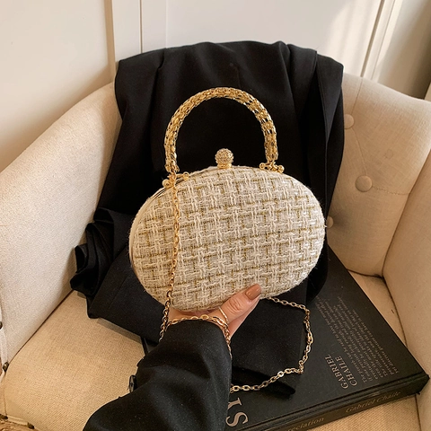 Elegante Damen Abendtasche Tweed Stoff Metallgriff Strassverschluss Kettengurt Umhängetasche Clutch Für Party