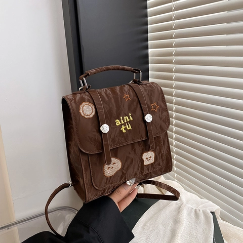 Vintage Stickerei Cartoon PU Leder Mini Quadratischer Rucksack Für Damen Stilvolle Preppy-Stil Handtasche Umhängetasche Alltag
