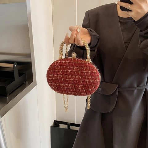 Elegante Damen Abendtasche Tweed Stoff Metallgriff Strassverschluss Kettengurt Umhängetasche Clutch Für Party