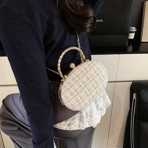 Elegante Bolso de Hombro a Cuadros para Mujer con Cadena Nylon Aleación Diamantes de Imitación Bolso de Noche