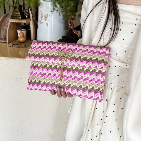 Damen Stroh Gewebte Umschlag Clutch Tasche Mit Metall Schmetterling Strass Quaste Sommer Urlaub Mode