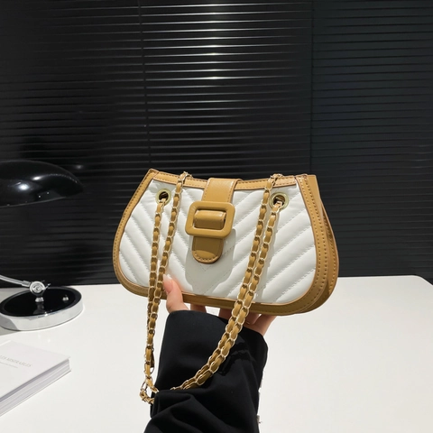 Women's Quilted Underarm Bag Colorblock PU Leather Shoulder Bag With Chain Strap V-Stitch Retro Fashion Handbag Gift