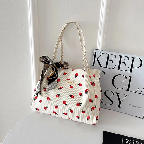Bolso Tote De Pana Para Mujer Estampado De Fresa Cereza Asa De Cuerda Trenzada Con Pañuelo Bolso De Hombro