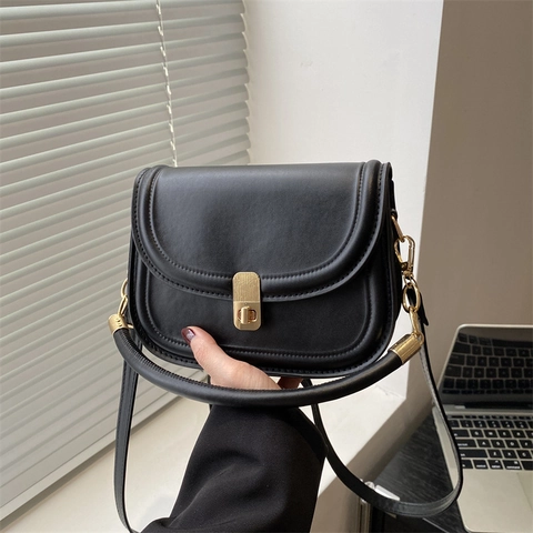 Vintage PU Leather Small Square Shoulder Bag For Women Gold Lock Crossbody Bag Minimalist Daily Streetwear Fashion Handbag