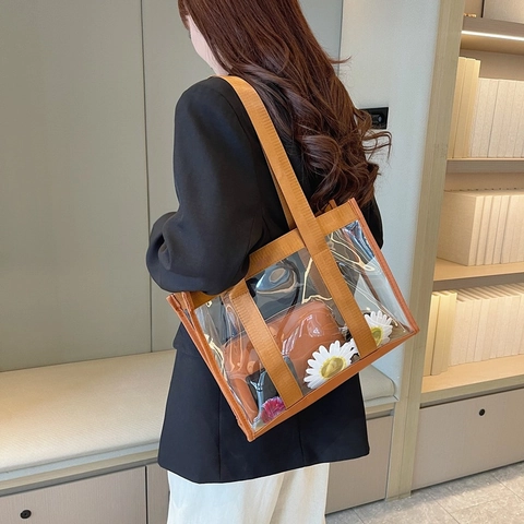 Women Transparent PVC Tote Bag Large Capacity Clear Shoulder Bag With Canvas Strap Casual Beach Handbag Two Piece Set