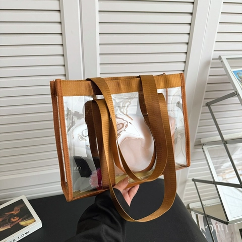 Women Transparent PVC Tote Bag Large Capacity Clear Shoulder Bag With Canvas Strap Casual Beach Handbag Two Piece Set