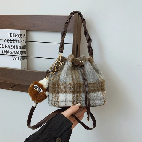 Women Vintage Woolen Plaid Bucket Bag With Drawstring Woven Handle Korean Fashion Shoulder Messenger Bag With Monster Pendant